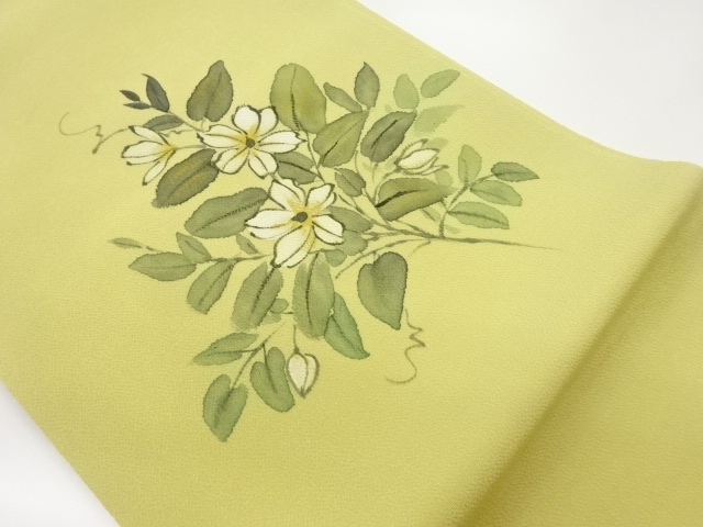 JAPANESE HIRAKI NAGOYA OBI / CHIRIMEN / KINSAI / HAND PAINTED / FLOWERS / ARTIST WORK